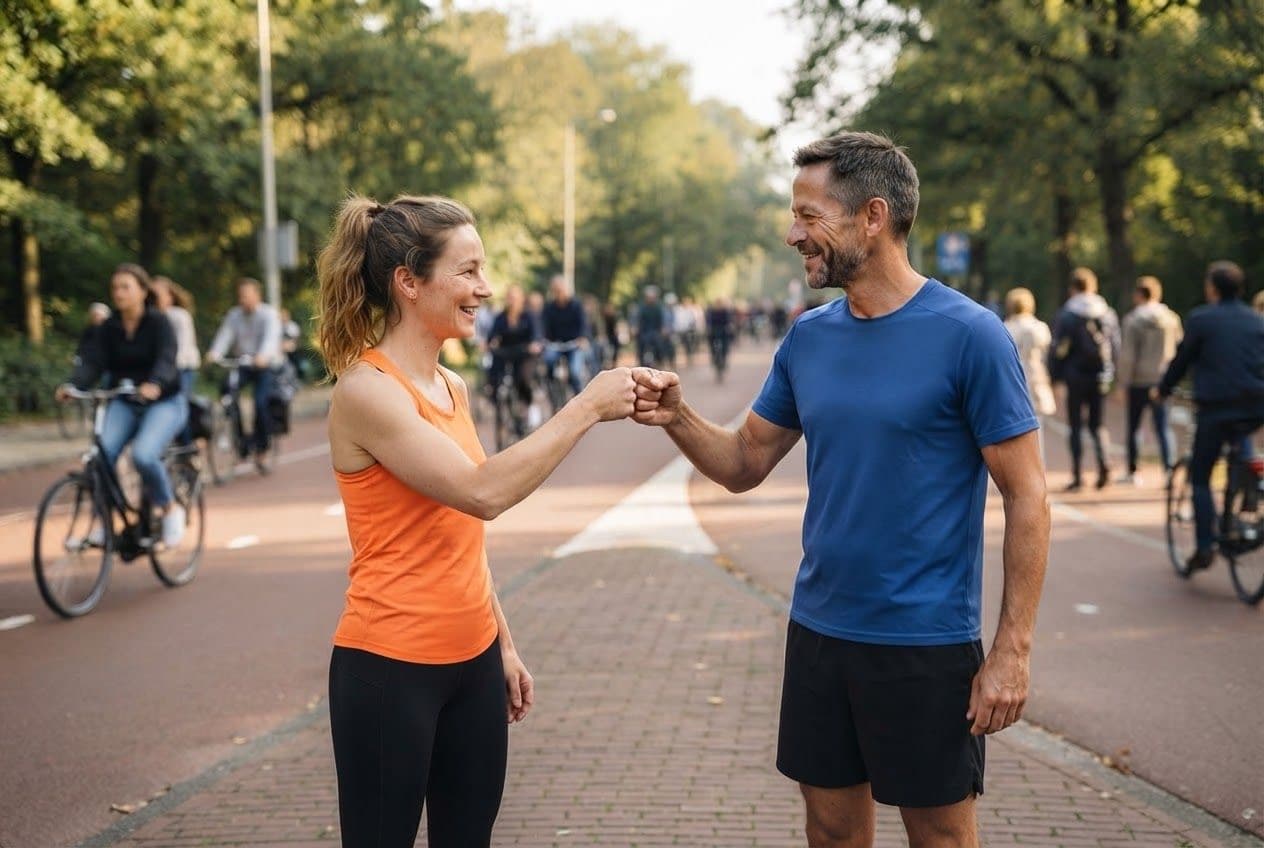 Twee lopers begroeten elkaar met een boks bij een drukke parkingang
